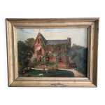 Peinture à l'huile française, une maison et son jardin, 1874 Peinture à l'huile française, une maison et son jardin, 1874