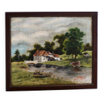 Peinture tableau à l'huile ancien, peinture buccolique vintage de campagne. Peinture tableau à l'huile ancien, peinture buccolique vintage de campagne.