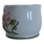 Petit cache pot vintage en faience motif barbotine fleur rose