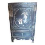 Petit meuble chinois laque noir avec incrustations nacre / 1porte / 1 tiroir