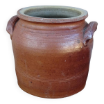 Petit pot � confit ancien en fa�ence fran�aise � gla�ure brune sal�e