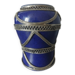 Petit vase marocain bleu cobalt1960 avec filigrane en argent travail a
