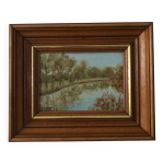 Petite peinture, cadre en bois, vue sur le lac #1, signée, france Petite peinture, cadre en bois, vue sur le lac #1, signée, france