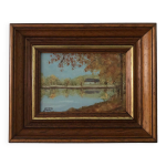 Petite peinture, cadre en bois, vue sur le lac #2, signée, france Petite peinture, cadre en bois, vue sur le lac #2, signée, france