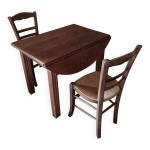 Petite table de ferme + 2 chaises en paille vintage