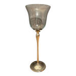 Photophore en verre sur haut pied en mtal  patine argente