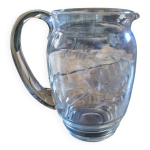 Pichet en verre grav, dcor feuillage, annes 50