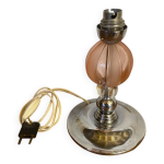 Pied de lampe ancien boule verre rose & transparent pied chromé vintag Pied de lampe ancien boule verre rose & transparent pied chromé vintag