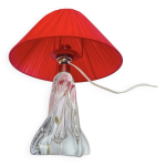 Pied de lampe en cristal vintage 1950 et abat - jour pagode en ruban rouge
