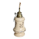 Pied de lampe � p�trole vintage en fa�ence beige - motif fleuri brun - col