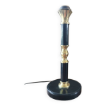 Pied de lampe vintage en cuir noir et laiton