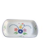 Plat a cake rectangulaire en ceramique emaille, motif floral vintage