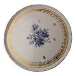 Plat à tarte porcelaine blanche décor bleu et doré Plat à tarte porcelaine blanche décor bleu et doré