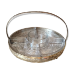 Plateau ap�ritif, serviteur en m�tal argent� et ses 5 ramequins en verre taill� ann�es 1930