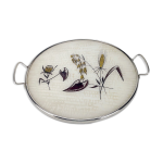 Plateau de service rond en verre et métal décor végétal 1950 Plateau de service rond en verre et métal décor végétal 1950