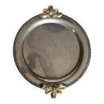 Plateau de service vintage rond métal argenté poignées n?uds dorés Plateau de service vintage rond métal argenté poignées n?uds dorés