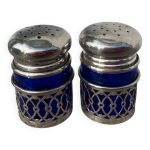 Poivrier salire en mtal argent et verre bleu
