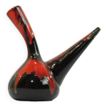 Porron en cramique maille / vase  huile du milieu du sicle de perpignan france noir rouge et jau ...