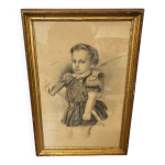 Portrait au fusain petit garon au fusil sign charlotte fayard de 1879