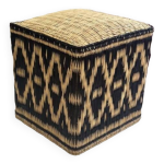 Pouf marocain assise cube en rotin osier graphique ikat vert fonc sapin fort
