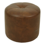 Pouf rond vintage en bois et cuir skaï marron patchwork années 60 Pouf rond vintage en bois et cuir skaï marron patchwork années 60