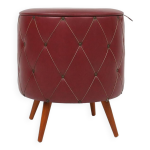 Pouf vintage avec rangement en simili cuir rouge fonc, france ca. 1950