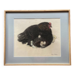 Poule noire et ses poussins, pastel sur papier signé hélène rivière Poule noire et ses poussins, pastel sur papier signé hélène rivière