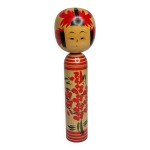 Poupe kokeshi traditionnelle japonaise signe peinte  la main  dcor de fleurs, 31 cm
