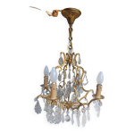 Rare ancien lustre cage en bronze dor et cristal 4 feux