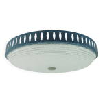 Rare et grand plafonnier hillebrand des annes 1960, en verre textur et cadre en mtal bleu.