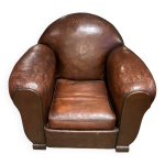 Rare tr�s gros fauteuil club cuir marron des ann�es 1940