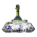 Rare service  liqueur (avec carafe de whisky et petits verres)  lisers bleu et jaune