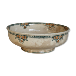 Saladier ancien en terre de fer  dcor floral vert et orange