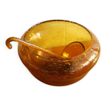 Saladier et louche biot verre bull� souffl� ambr� vintage