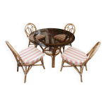 Salle à manger table et chaises bambou courbé et rotin verre fumé années 70 Salle à manger table et chaises bambou courbé et rotin verre fumé années 70