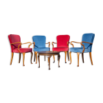 Salon anglais 4 fauteuils et une table basse queen anne fauteuils tissu bleu et rouge Salon anglais 4 fauteuils et une table basse queen anne fauteuils tissu bleu et rouge