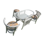 Salon de jardin en rotin / bambou blanc vintage avec 2 chaises et un tabouret