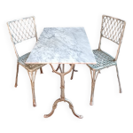 Salon de jardin - table bistrot (marbre et fonte) 2 2 chaises en aluminium