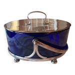 Seau � biscuits en m�tal argent� et verre bleu
