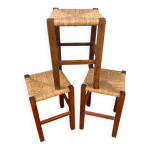 Srie 3 tabourets anciens en bois + assise paille tresse vintage