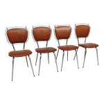 Srie de 4 chaises francaise en simili cuir marron camel et chrome 1960