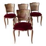 S�rie de 4 chaises style louis xv en merisier cannage et velours bordeaux