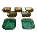 S�rie de 7 ramequins bols anciens arcoroc verre moul� fum� & vert