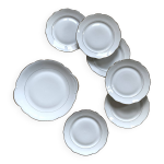 Service 6 anciennes assiettes dessert + plat dorure porcelaine de sologne Service 6 anciennes assiettes dessert + plat dorure porcelaine de sologne