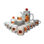 Service  caf en porcelaine motifs floraux orange et noirs