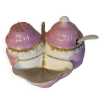 Service  condiments saleron salire poivrier moutardier en porcelaine rose blanc et dor