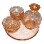 Service  liqueur art dco en verre transparent rose avec bouchon
