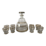Service � liqueur en verre granit� carafe et verres anciens ann�es 50
