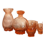 Service  liqueur en verre rose et ses accessoires des annes 50