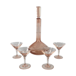 Service  liqueur en verre rose, carafe grave